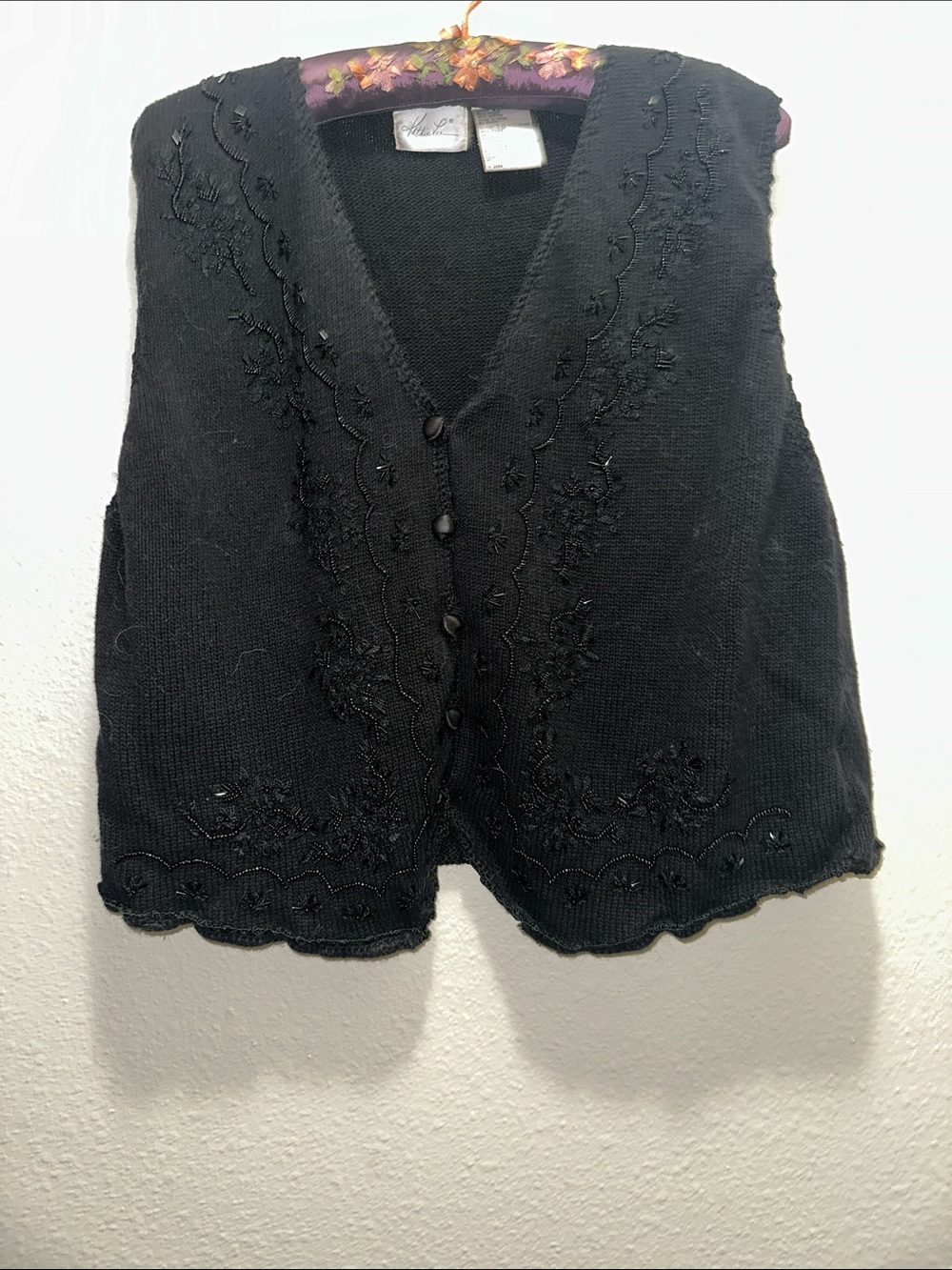 Black Embroidered Button-Front Women's Sweater Vest